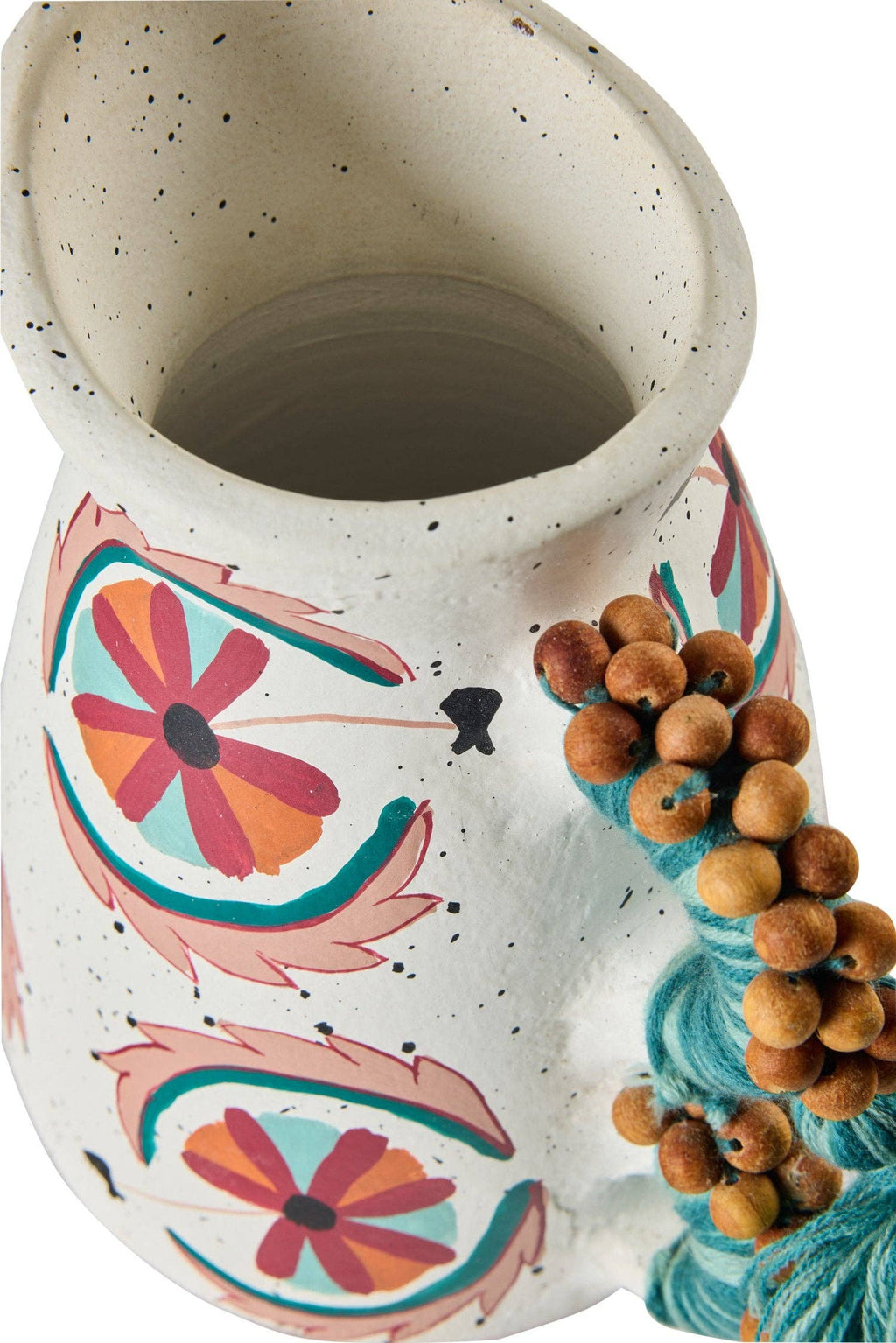 Vase en terre cuite avec anse décorée tissu et perles