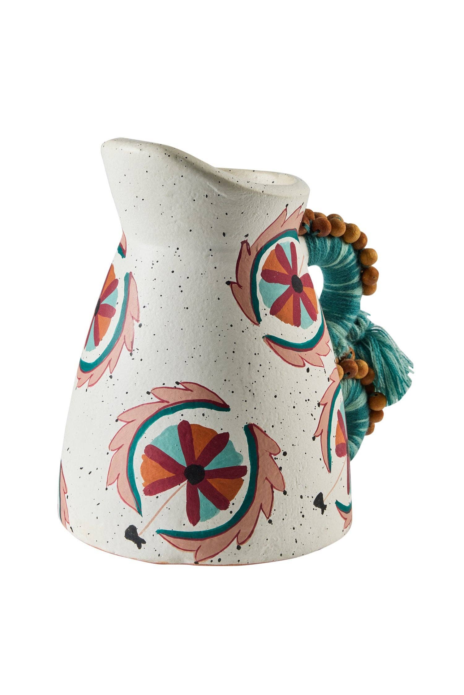 Vase en terre cuite avec anse décorée tissu et perles