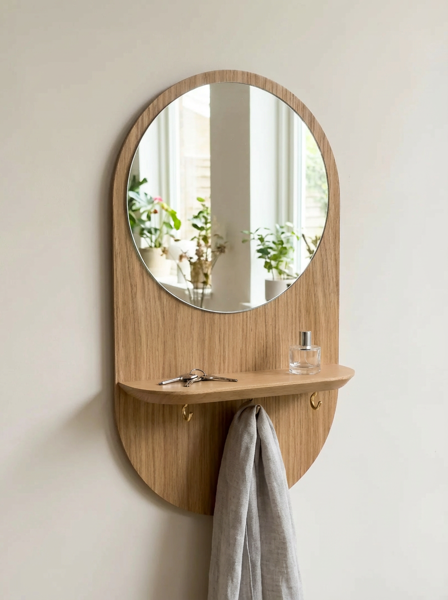 Éclipse Crochets - Miroir avec étagère et crochets en chêne Reine Mère