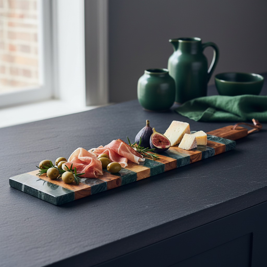 Planche à découper rectangulaire avec poignée, rayures bois et marbre vert