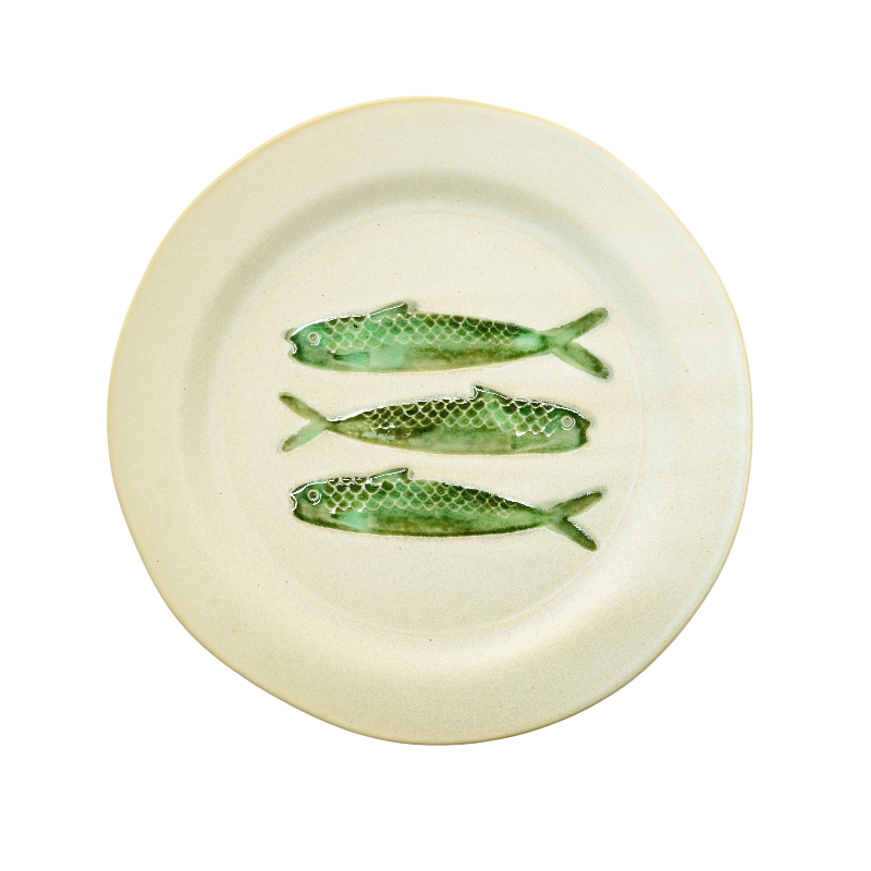 Assiette diner grès motif poissons Madam Stoltz