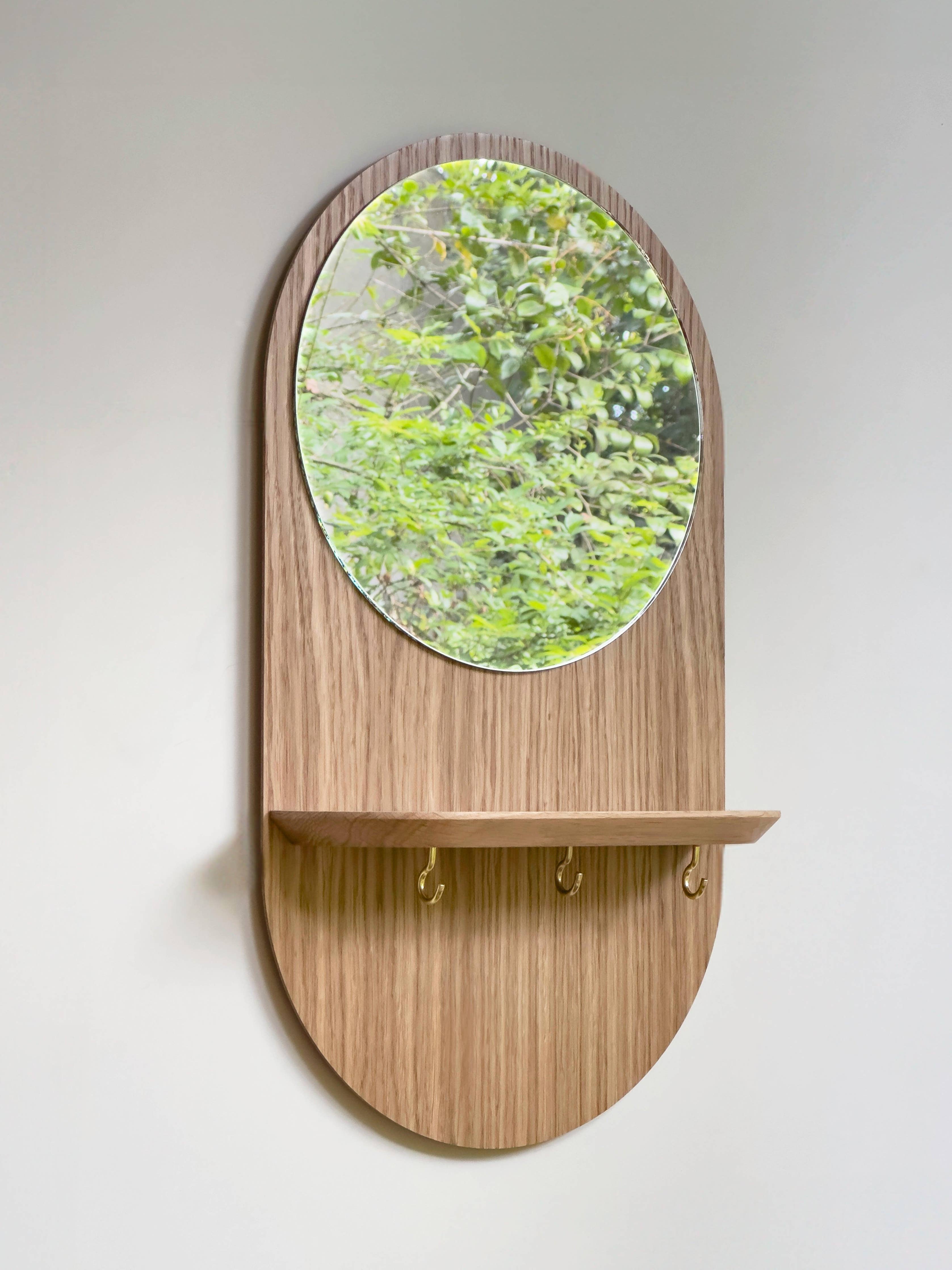 Éclipse Crochets - Miroir avec étagère et crochets en chêne Reine Mère
