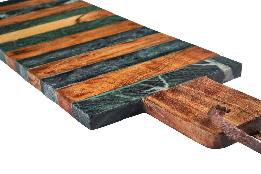Planche à découper rectangulaire avec poignée, rayures bois et marbre vert