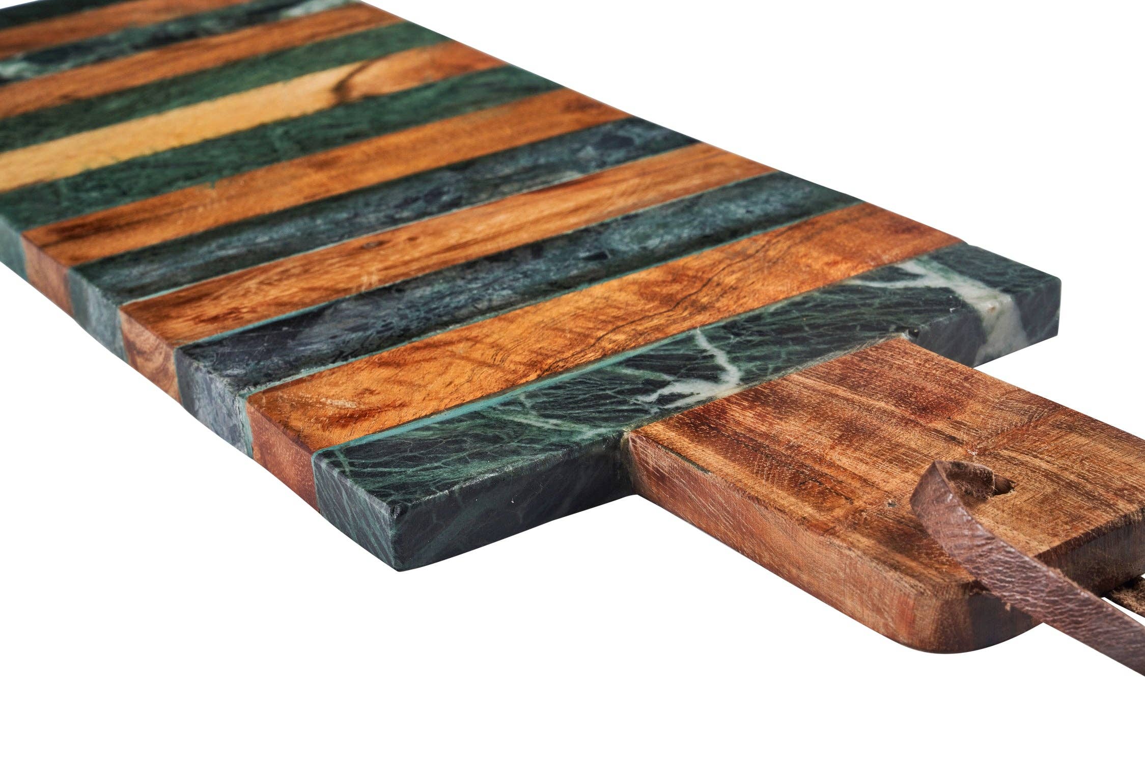 Planche à découper rectangulaire avec poignée, rayures bois et marbre vert